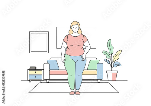 Woman Standing Inside a Living Room Interior With Couch Sofa Decor Plant And Picture Frame On Wall Seeking Internal Change
