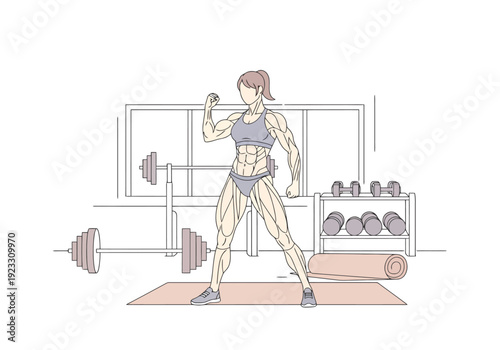 Muscular Woman Posing with Weights in Gym Showing Biceps and Abdominal Muscles for Fitness and Strength Training Concept