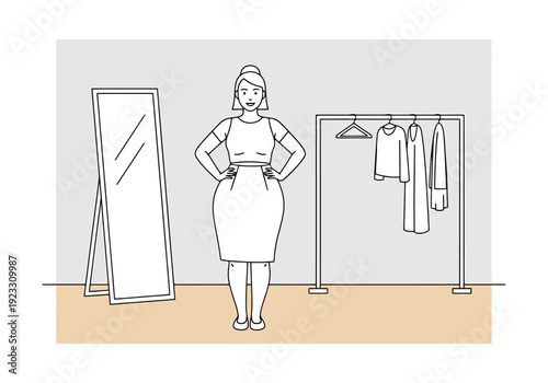 Woman examining her body shape in mirror with clothes rack nearby reflecting personal style and self perception in simple line artwork