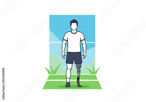 Man with Prosthetic Leg Standing on Sports Field Ready for Activity Celebrating Inclusivity and Athleticism in Competition