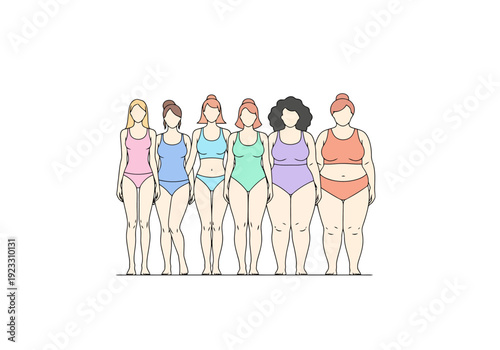 Diverse body shapes and sizes of women shown standing together depicting female form variety and personal uniqueness presentation on white background