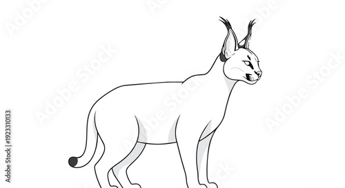 Detailed monochrome outline illustration of a majestic caracal wildcat showcasing its distinctive ear tufts and sleek profile perfect for animal