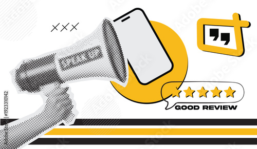 Trendy Halftone Collage Phone with Hand and Five-star rating feedback. Best score point to review the service. Five stars for quality customer rating. Contemporary vector illustration art