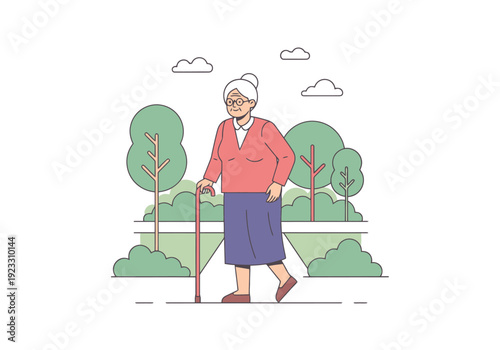Elderly Woman Walking with Cane Through Park Greenery and Trees Enjoying Outdoor Activity