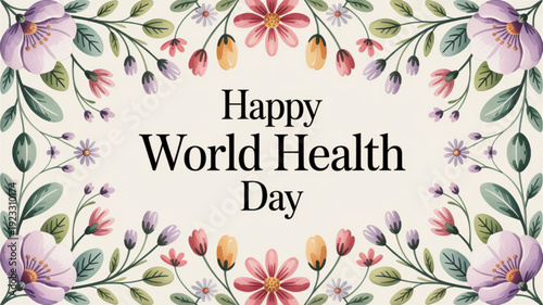 Cheerful world health day greeting card with floral design and happy world health day text