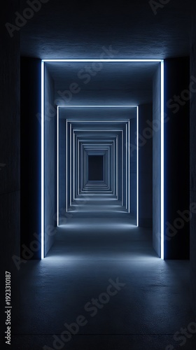 Futuristic concrete tunnel with glowing blue neon light frames