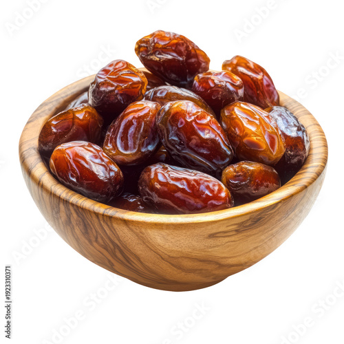 dried dates on wooden bowl isolated on white or transparent background