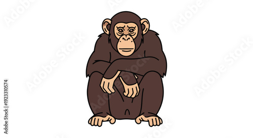 Cartoon ape graphic featuring a sitting brown chimpanzee with a reflective gaze