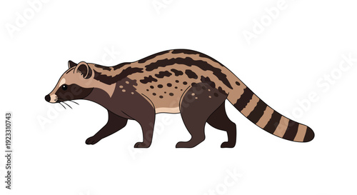 Animated civet character with distinctive stripes and spots walking peacefully wildlife mammal vector graphic