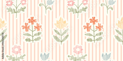 Seamless pattern with freehand ink doodle abstract flowers. Trendy vertical stripes floral embroidery stitch background. Hand drawn vector illustration. Boho, cottage core, needlework retro wallpaper.