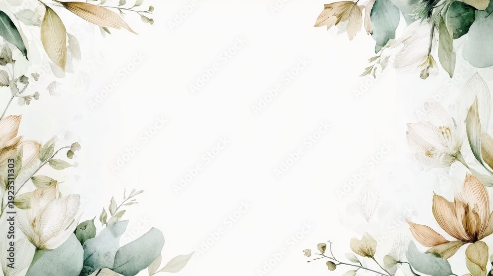 Fototapeta premium Soft botanical frame with floral details, great for event decorations, online content, greeting cards, and creative backdrops. The watercolor style adds a handcrafted and elegant touch to designs.
