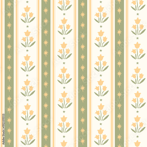 Seamless pattern with freehand ink doodle abstract tulip flowers. Trendy floral vertical stripe background. Hand drawn vector illustration. Boho, cottage core, retro wallpaper in yellow and green.