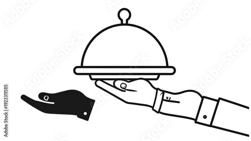 Restaurant service icon showing waiter hand holding covered serving tray cloche in solid and outline styles