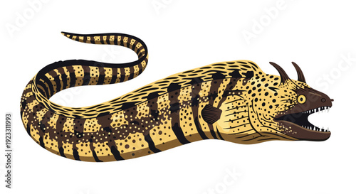 Striking graphic illustration of a distinctive horned marine eel with intricate camouflage patterns