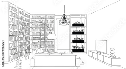Architectural line drawing of a modern library living room with corner bookshelf ladder and indoor planters