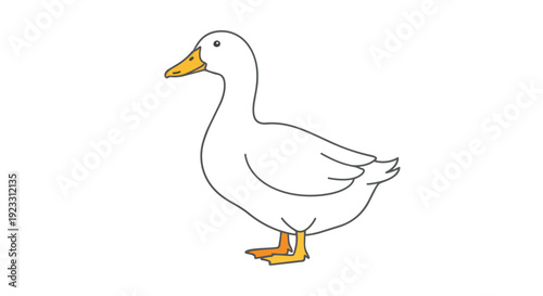 A charmingly minimalist vector artwork capturing a peaceful white duck, showcasing its distinctive yellow-orange beak and webbed feet in a serene