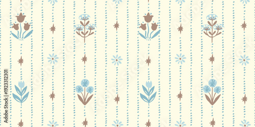 Seamless pattern with freehand ink doodle abstract flowers. Trendy floral vertical stripe background. Hand drawn vector illustration. Boho, cottage core, retro wallpaper in blue and brown.