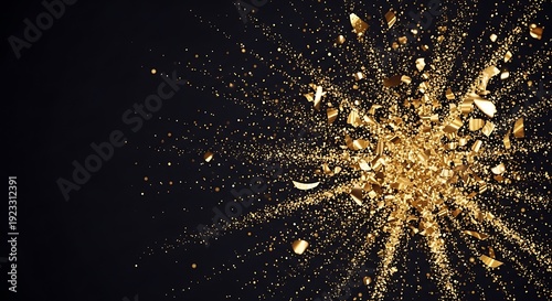 Golden confetti explosion on black background with sparkling particles radiating outward