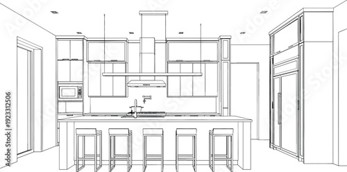 Architectural line drawing of a modern luxury kitchen with large island bar stools and integrated appliances