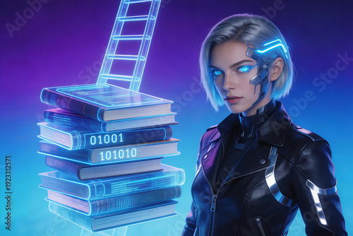 Futuristic cybernetic female figure with digital books, binary code, and futuristic tech elements, set against a neon-lit background. Depicts advanced AI, robotics, and digital learning concepts.