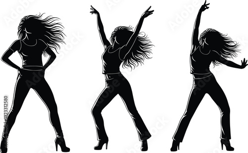 Black vector silhouette set of energetic women dancing with long flowing hair in expressive poses for nightclub music festival and fitness entertainment branding