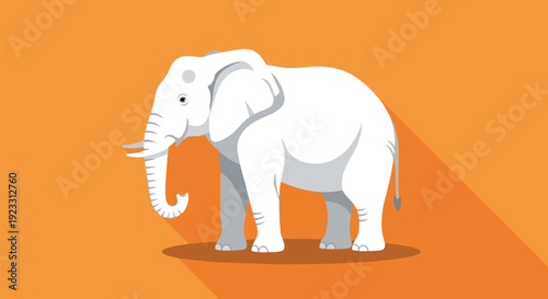 A clean and modern illustration of an albino elephant standing majestically against a vibrant orange backdrop, showcasing its unique wild grace and