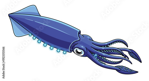 Vibrant cartoon blue squid illustration swimming underwater with bioluminescent spots a captivating depiction of deep-sea marine life an oceanic