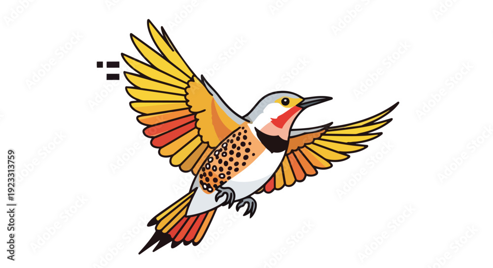 Fototapeta premium A dynamically rendered stylized bird showcasing its radiant colorful plumage and graceful outstretched wings captured mid-flight against a crisp