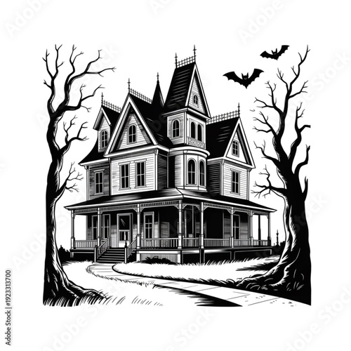 Spooky haunted house vector illustration, Victorian gothic mansion silhouette with dead trees and bats for Halloween design