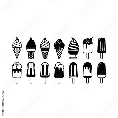Tableau sur toile Ice cream and popsicle vector icon set, black and white dessert silhouettes for