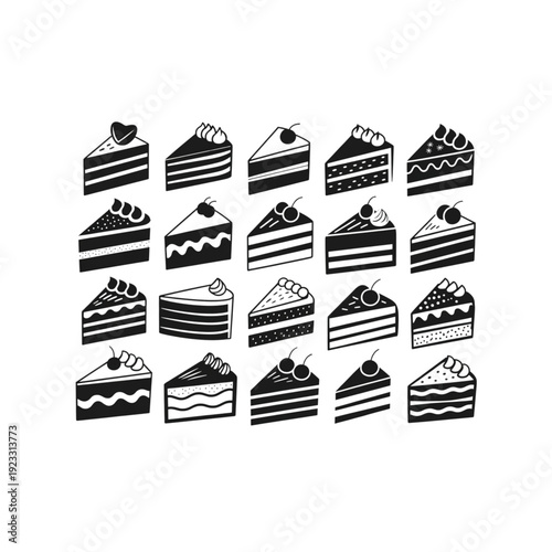 Cake slice set vector icons, black and white dessert silhouettes for bakery, menu and sweet shop design