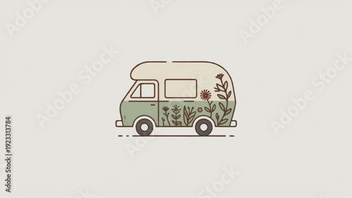 Vintage camper van with flowers and plants on side travel outdoors