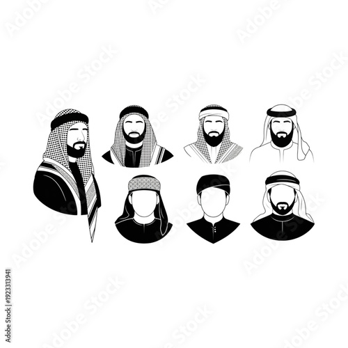 Arab men avatar set, vector portraits of middle eastern male figures in traditional keffiyeh and kandura