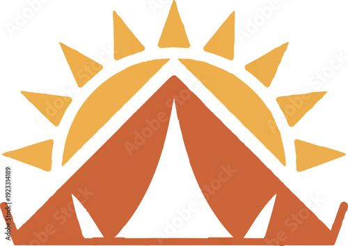 Minimalist tent icon with rising sun symbolizing adventure and outdoor exploration in simple design