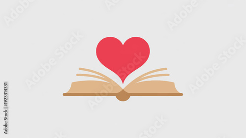 Minimalist icon of an open book with a red heart emerging from its pages on a light background