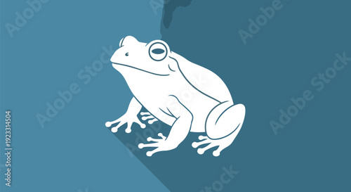A striking minimalist digital illustration showcasing a pristine white frog with subtle outlines and a distinct long shadow, set against a solid