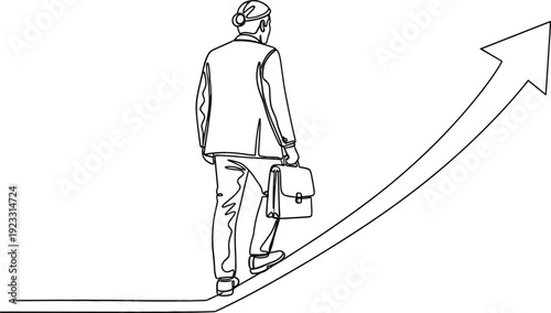 Continuous line drawing of a businessman with a briefcase walking up a rising arrow representing career progression financial growth and corporate success.