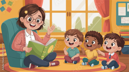 A smiling woman reading a book to three happy children on a colorful rug in a cozy classroom