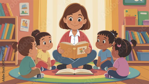 A warm cartoon illustration of a teacher reading to children in a classroom setting with books