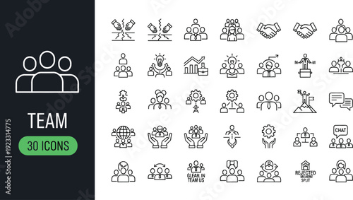 Business team and human resources icon set featuring leadership collaboration teamwork partnership management recruitment networking and professional workspace symbols.