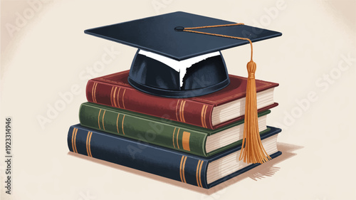 Graduation cap on stacked books symbolizing education and learning