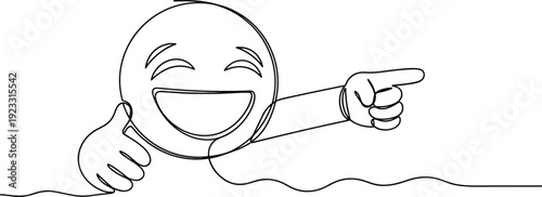Continuous line drawing of a laughing emoji face pointing finger representing social media humor digital communication and expressive reaction.