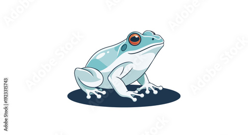 Vibrant cyan frog illustration with glossy texture and prominent red eyes on a dark oval base for graphic design