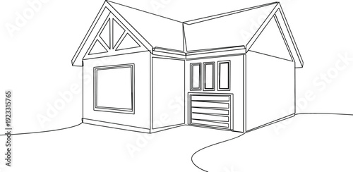Continuous line drawing of a modern residential home with a garage and gable roof representing suburban real estate architecture and family property investment.