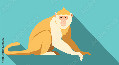 Stylized golden monkey illustration with long shadow on vibrant blue background showcasing primate wildlife
