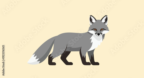 Charming illustrated grey fox standing gracefully on a neutral background, exuding wild elegance and playful spirit.