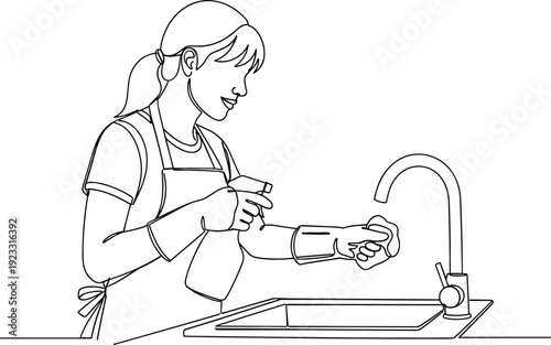 Continuous line drawing of a woman cleaning a kitchen sink with spray and cloth representing home maintenance sanitation services and domestic wellness.