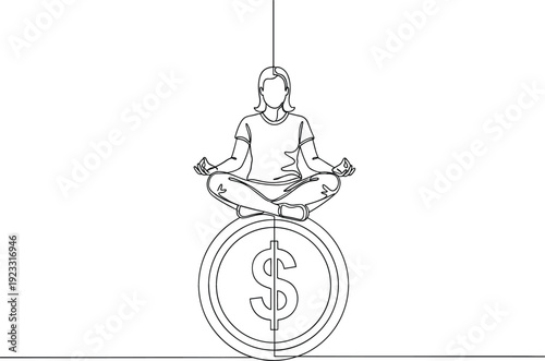 Continuous one line drawing of a woman meditating on a dollar coin for financial zen concept
