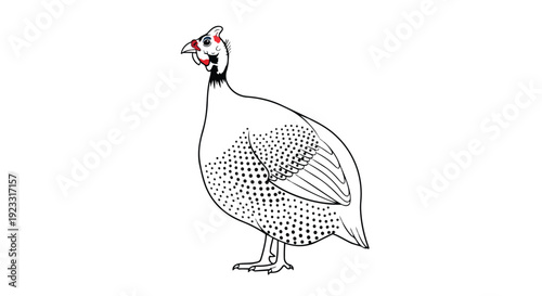 A precise, artistic, and detailed black and white line drawing of a charming guinea fowl, showcasing its unique speckled feather patterns and