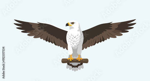 Stylized eagle with spread wings perched on branch, a symbol of freedom and power, in clean flat design
